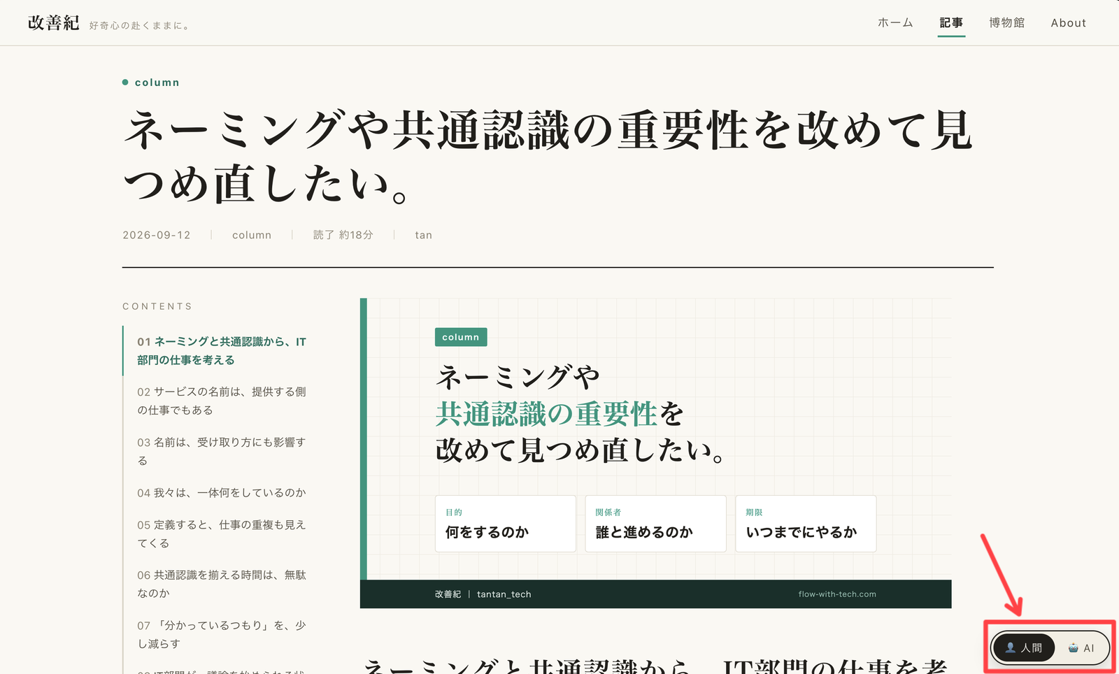 人間モードの記事ページ。右下の「人間／AI」で表示を切り替える
