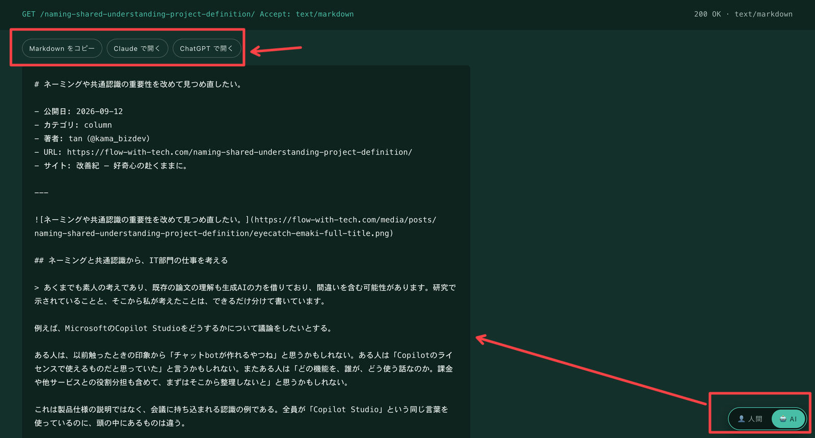AIモードではMarkdownを表示。上部にコピーとClaude・ChatGPTで開くボタンがある