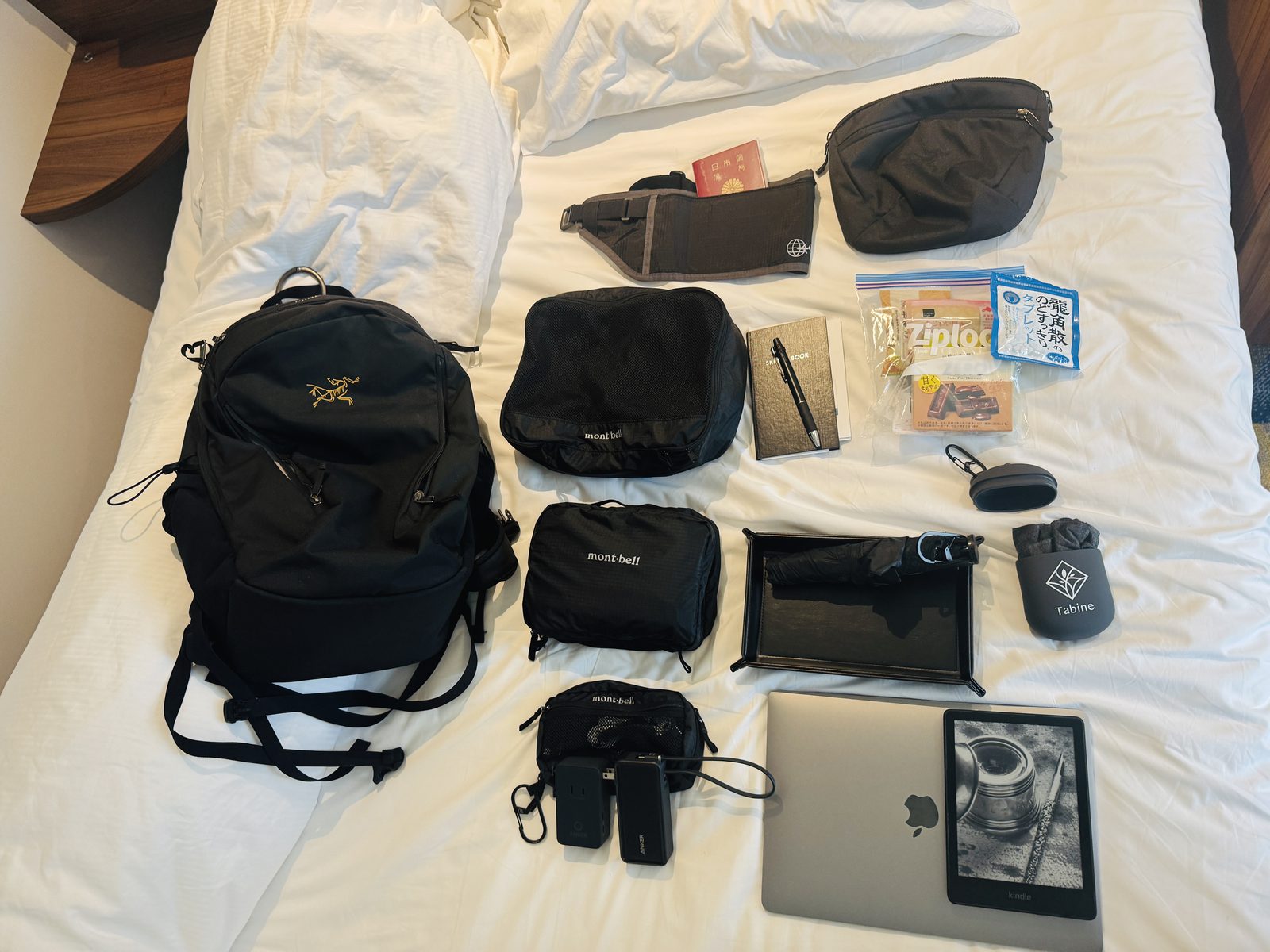 ホテルのベッドに並べたポーランド旅行の持ち物